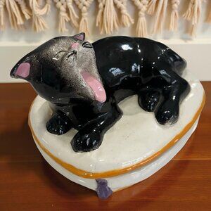 Vintage Black Gray White Artist Studio Ceramic Yawning Cat Trinket Jewelry Box